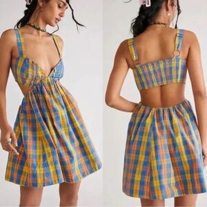 Free People Bridget Mini Dress Plaid Summer Cutout Vacation Size L